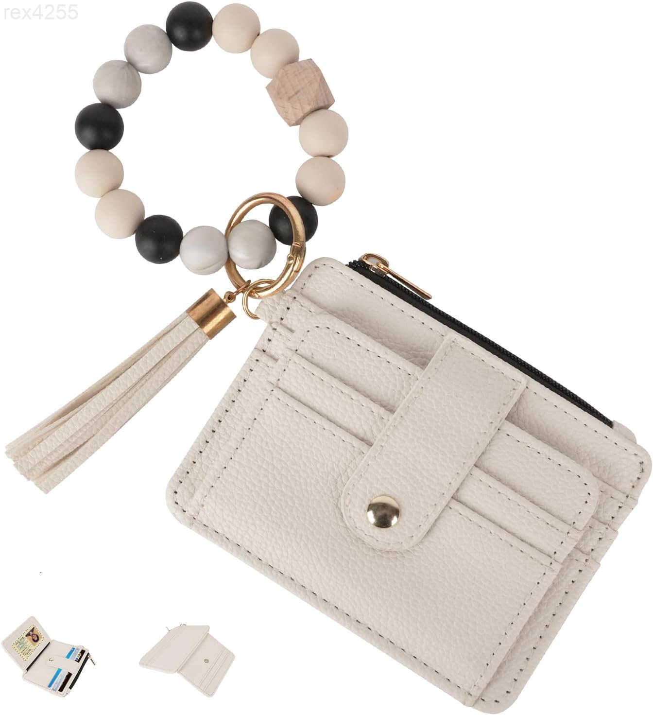 Keychain Wallet for Women Wristlet Keychain Slim RFID Credit Card Holder Wristlet Purse with Tassel Bangle Key Ring WhiteW250911