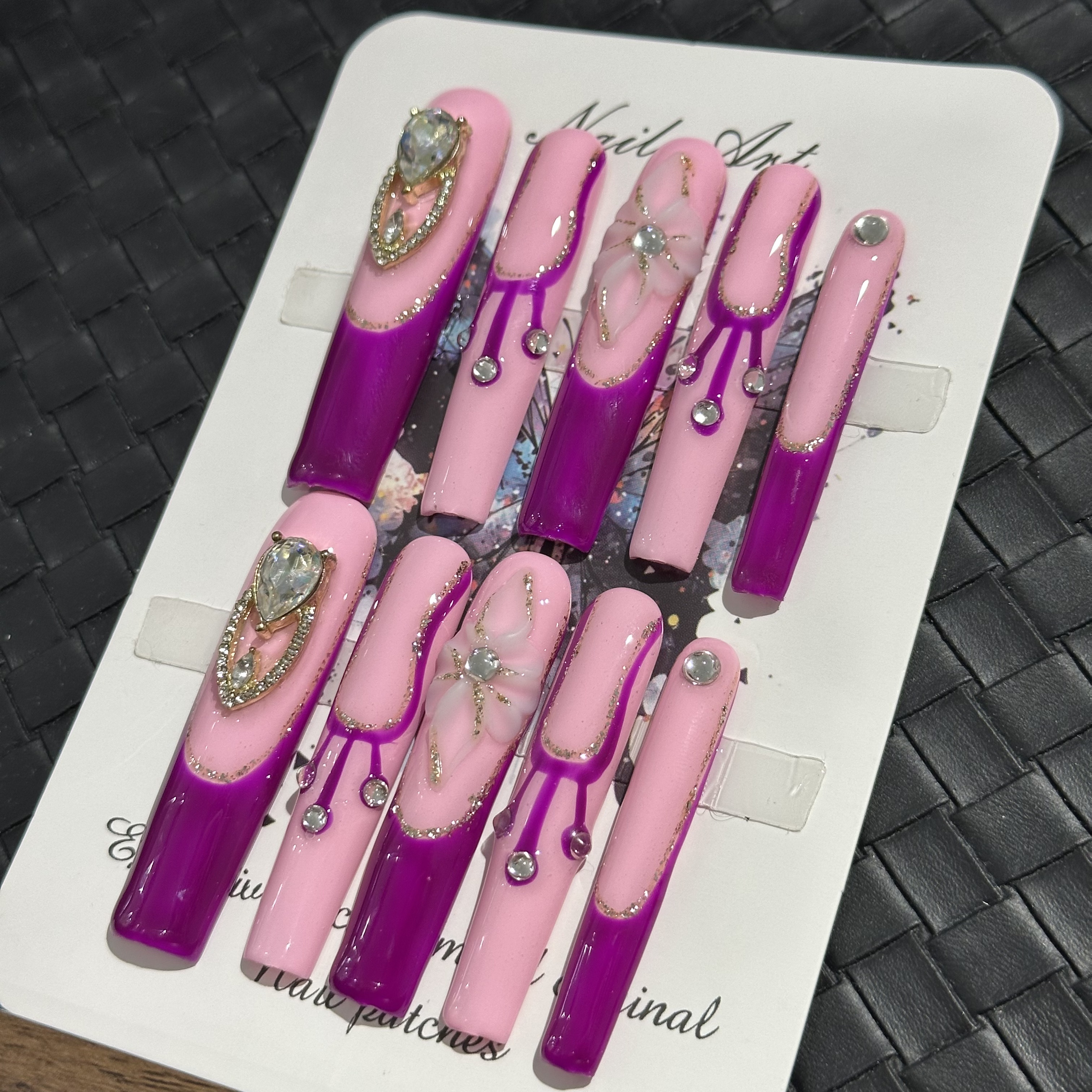 Fake nails, purple pink French diamonds, hand drawn, trendy and fashionable, European and American ins style, extra long, handmade