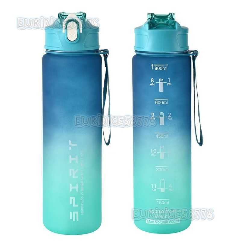 Gradient Color Matte Sports Water Bottle with Handle Strap Portable Fitness Water Bottle with Straw Space Cup Outdoor Sports H250911