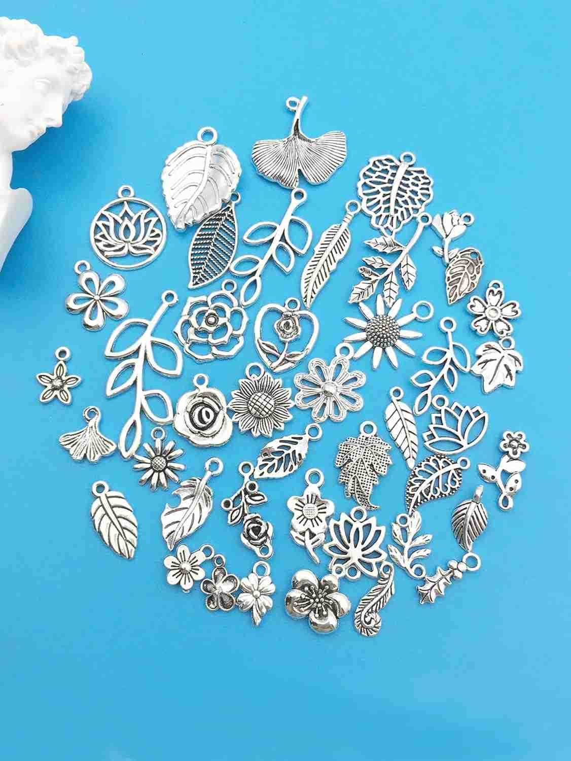 80pcs Alloy Silver Plant Leaf Small Flower Set Series Pendant Jewelry Making DIY Keychain Earrings Pendant Various Design Charms for Jewelry Making Br