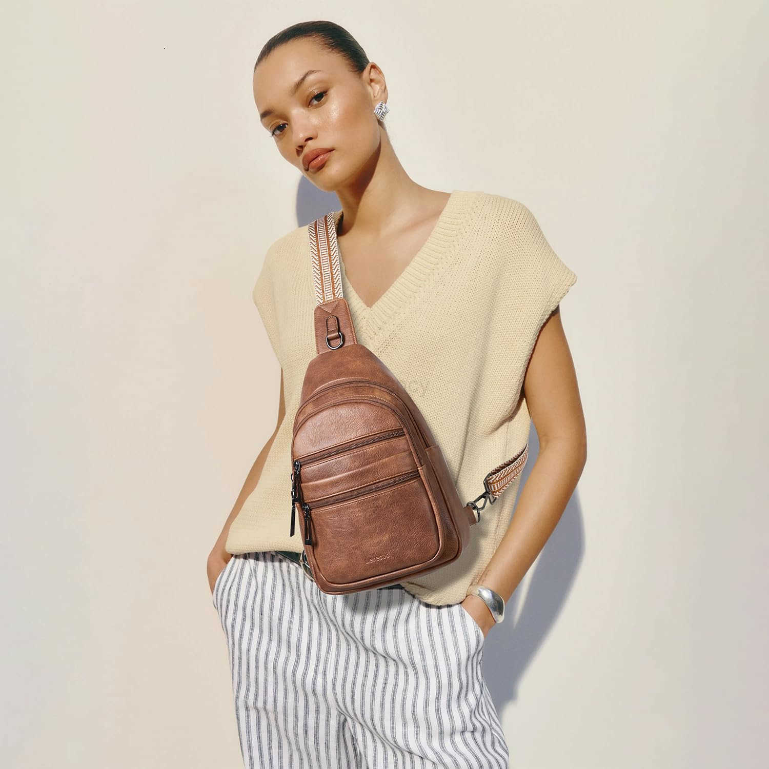 Sling Bag for Women Crossbody Bags Fanny Packs Over Shoulder Bag Sling Purse Backpack Vegan Leather Travel BrownW250911