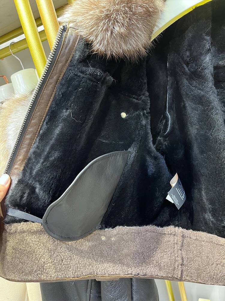 2024 Winter Warm Women Real Fox Collar Natural Merino Sheep Fur Coat Genuine Leather Jacket Thick Female Coats