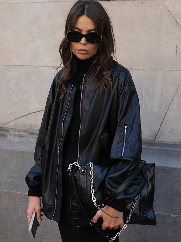Oversized Black Faux Leather Jackets Women Loose Comfort Zip Up Coat 2025 Trendy Streetwear Outerwears Pockets Chic Lady Jacket