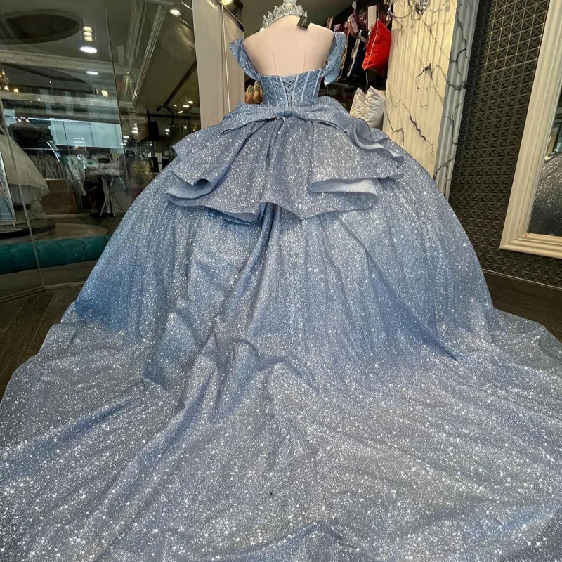 Light Blue Shiny Off The Shoulder Quinceanera Dresses Ball Gown Beads Bow Party Birthday Sweet 16 Dress Vestidos De 15 Anos