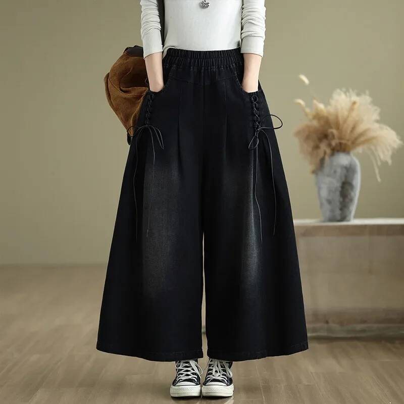 Plus Size Women's Jeans Elastic Loose Slimming Casual Versatile Straight Wide Leg Pants Real Shot New 2025