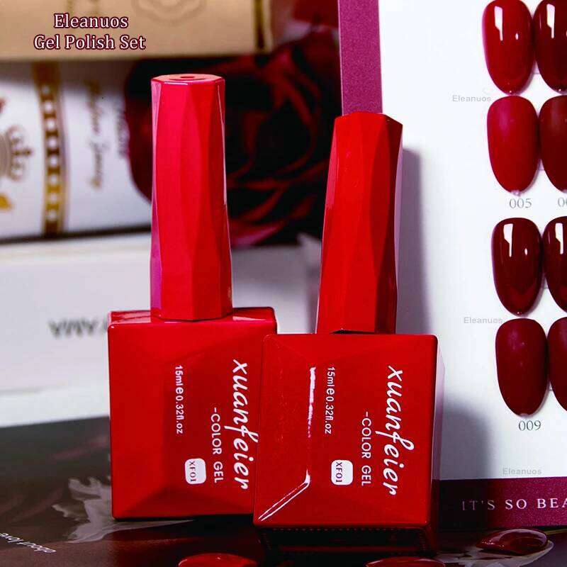 Eleanuos Phototherapy Polishing 24Pcs Varnish Gel Mixed Soak Wine Red Lasting Shiny Primer Nail Art Winter Salon Kit
