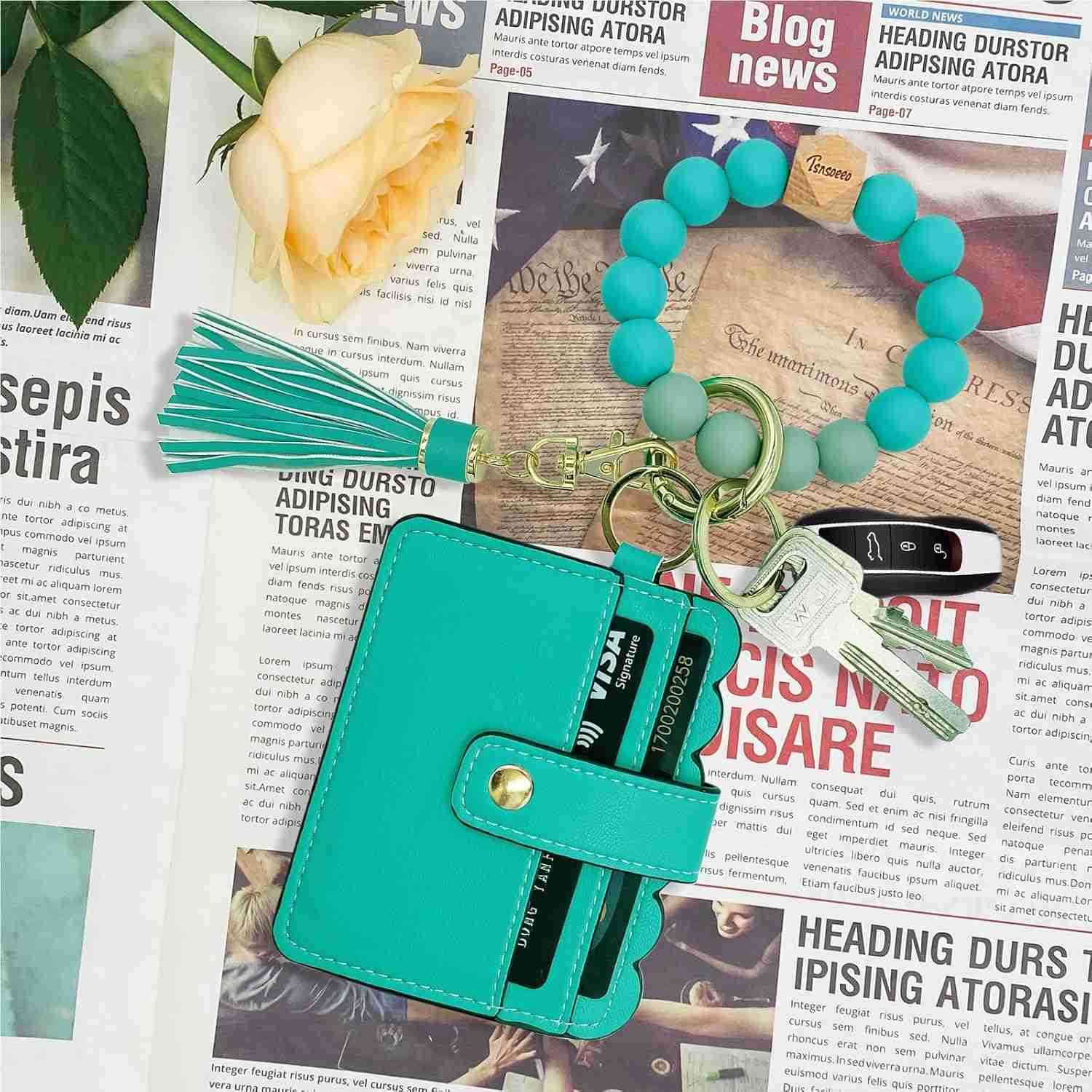 Keychain Wallet Wristlet Small Credit Card Holder Bracelet Key Chain Purse Bangle Tassel Beads Key Rings for WomenW250911