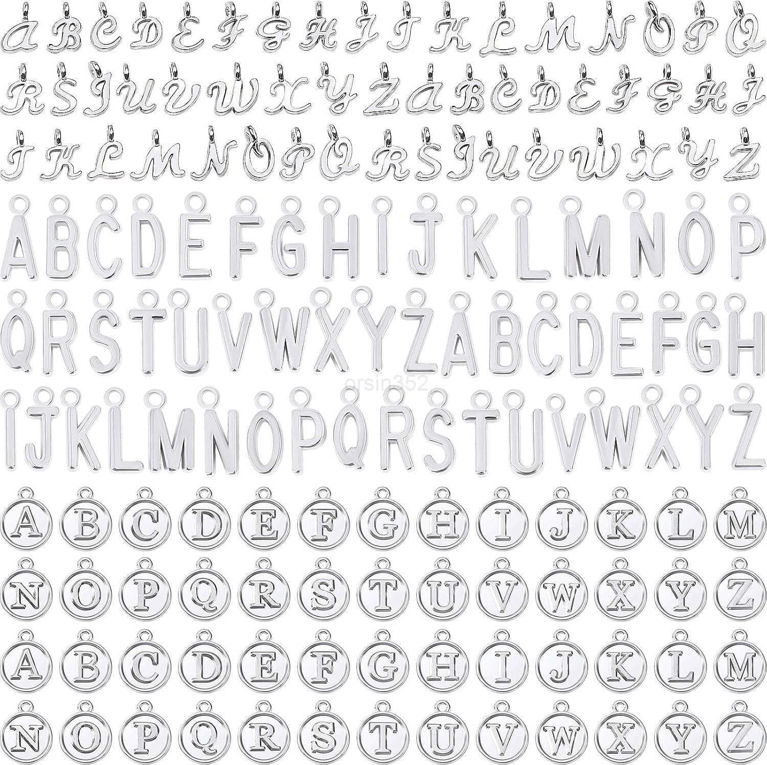 156Pcs6 Sets Letter Charms Letter Charms 3 Styles AZ Initial Alphabet Metal Charms with 200Pcs Open Jump Rings for Earrings Necklace Jewelry Making KW