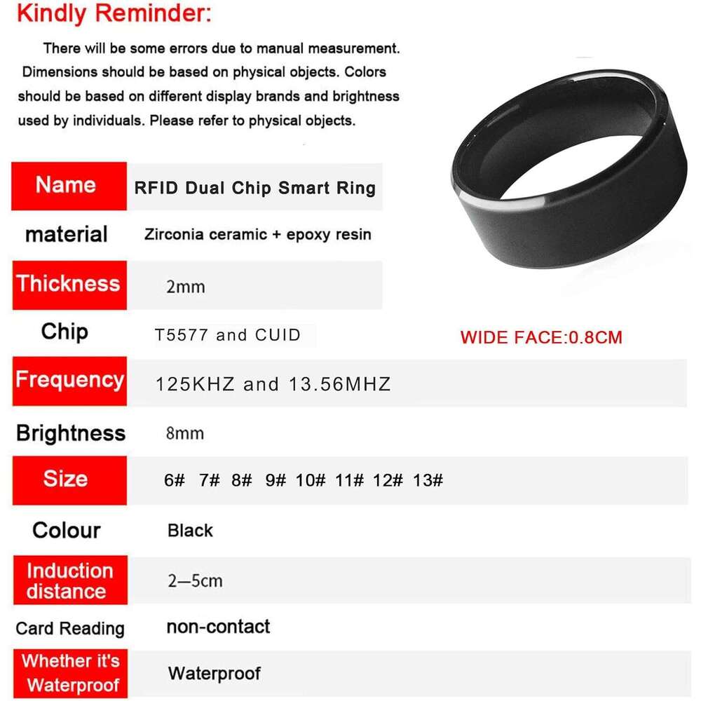 RFID Rewritable Dual Frequency In One ID T5577&IC CUID Black Ceramics Smart Finger Ring Wear for Men or Women