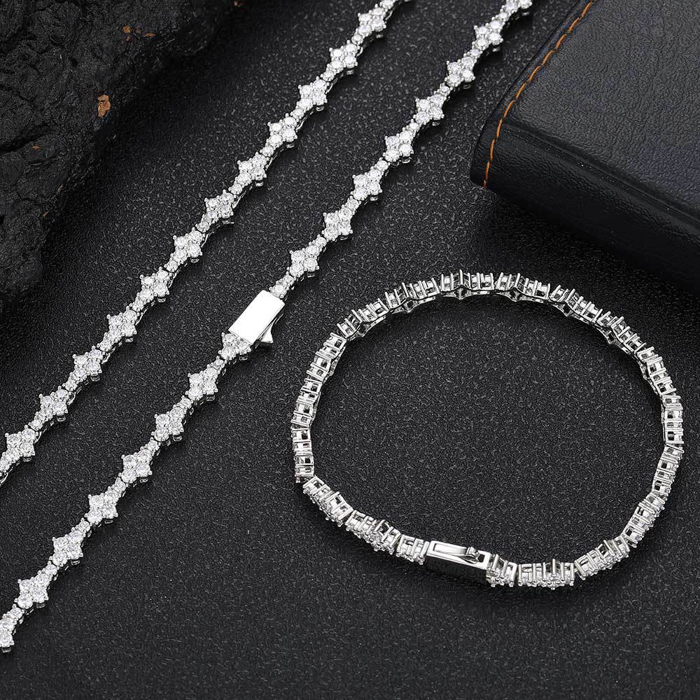 Hip Hop Tennis Chain Necklace Bracelet 5A Zircon Real Gold Plated Spring Clasp Clavicle Chain Jewelry