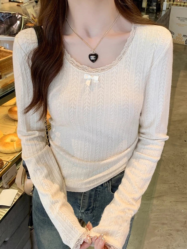 Bow Cute Knitted Pullover Sweater For Women Autumn Winter Fashion Lace Patchwork O Neck Long Sleeve Slim Cropped Tops 250911