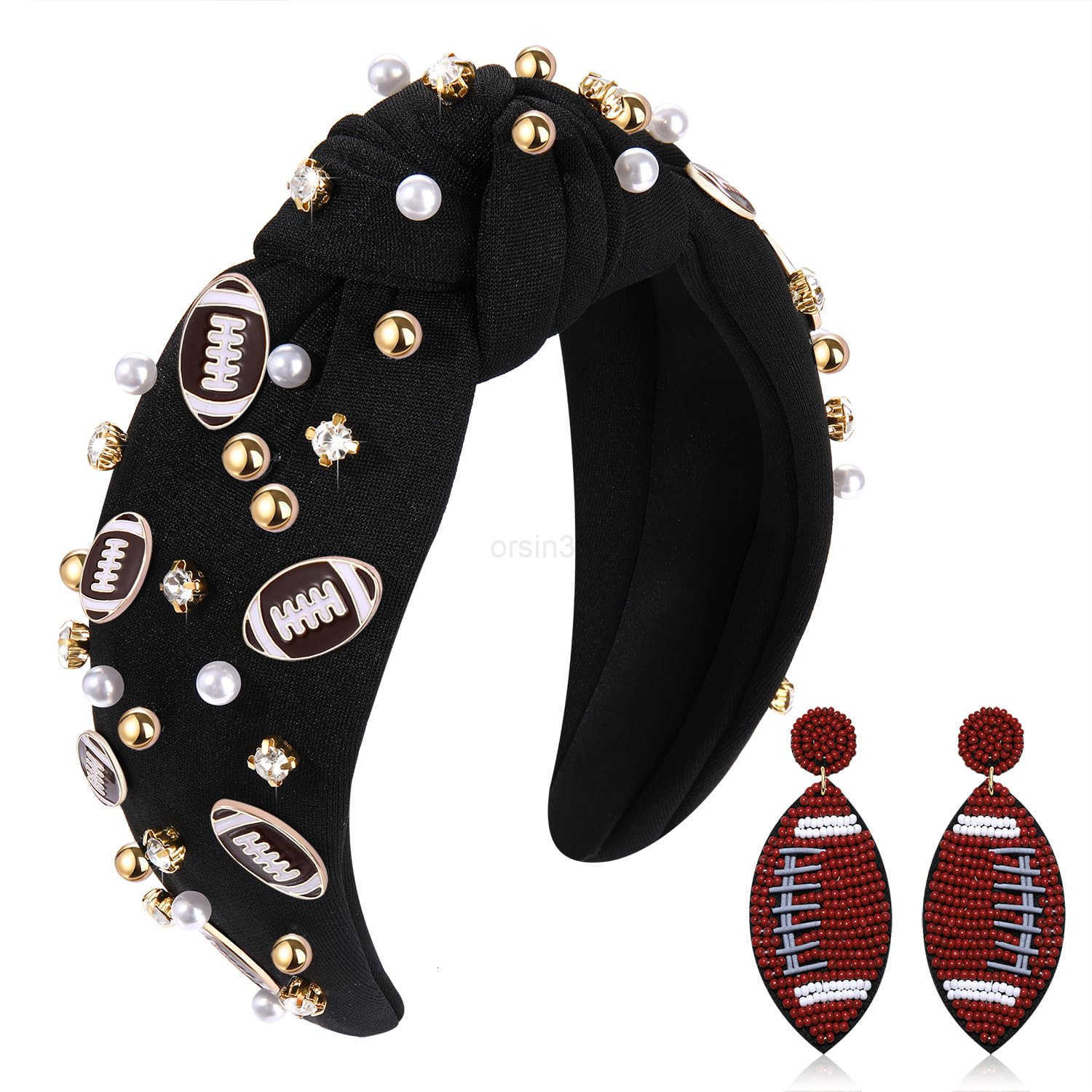 Knotted Headband Rhinestone Crystal Jeweled Baseball Charm Wide Headband Headpiece Fun Baseball Beaded Dangle Earrings for Women Spring Summer Game Da