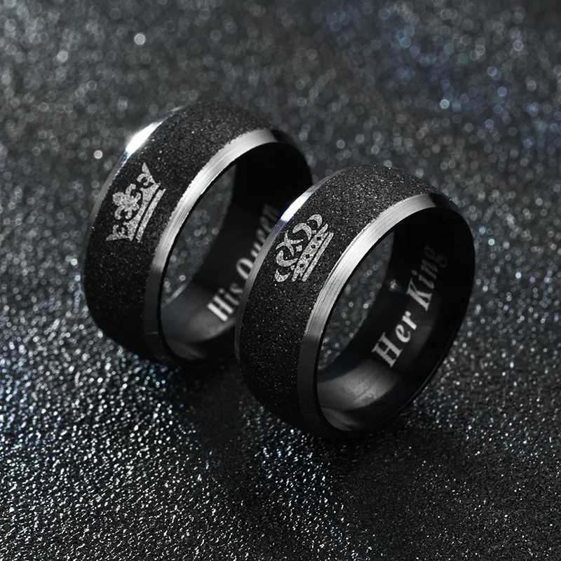 Her King and His Queen Letter Couple Rings For Women Men Crown Black 8MM Stainless Steel Matte Ring Lovers Wedding Jewelry W250911