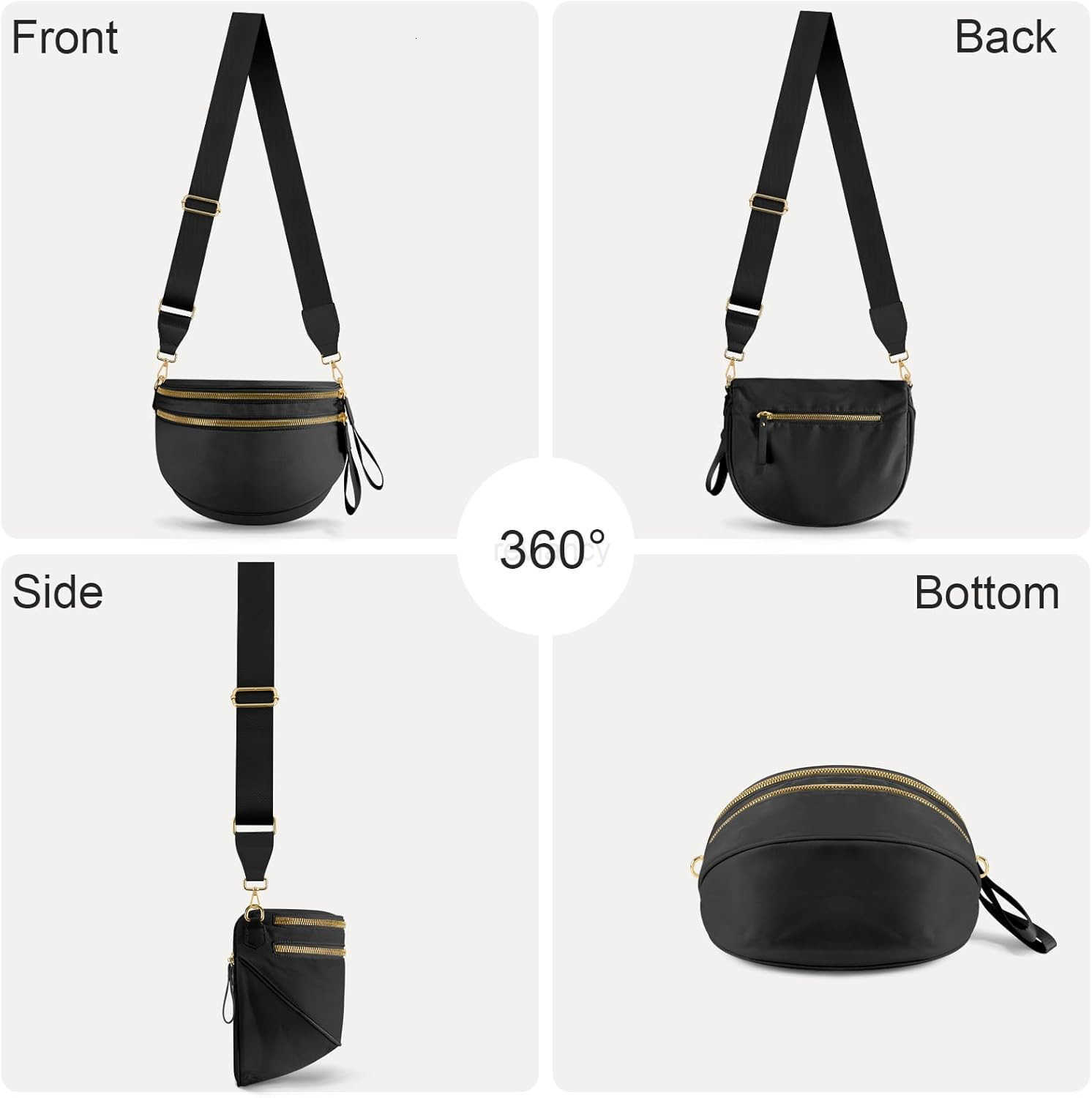 Crossbody Bags for Women Large Nylon Bum Bags Plus Size Fanny Pack Sling Bag Belt Bag for Women Travel Pure BlackW250911