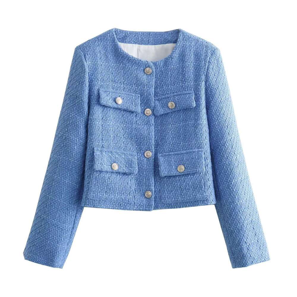 DHEssentials Z Women's Clothing 2025 Spring New Textured Shoulder Pads Round Neck Long Sleeve Little Chanel Style Jacket 1202416