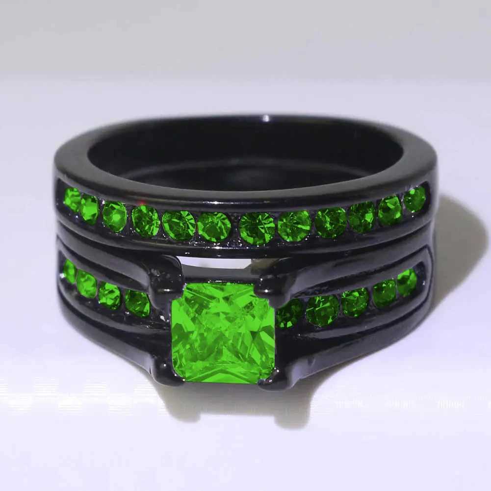 Charm Couple Rings Romantic Women Green Rhinestones Rings Set Trendy Mens Stainless Steel Rings Wedding Jewelry For Lover Gifts W250911