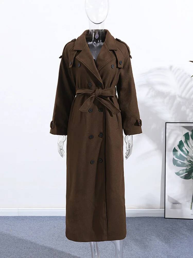 Yitimuceng Elegant Solid Double Breasted Laced Up Coat for Women Long Sleeve Jackets 2025 New Autumn Winter Wool Coats