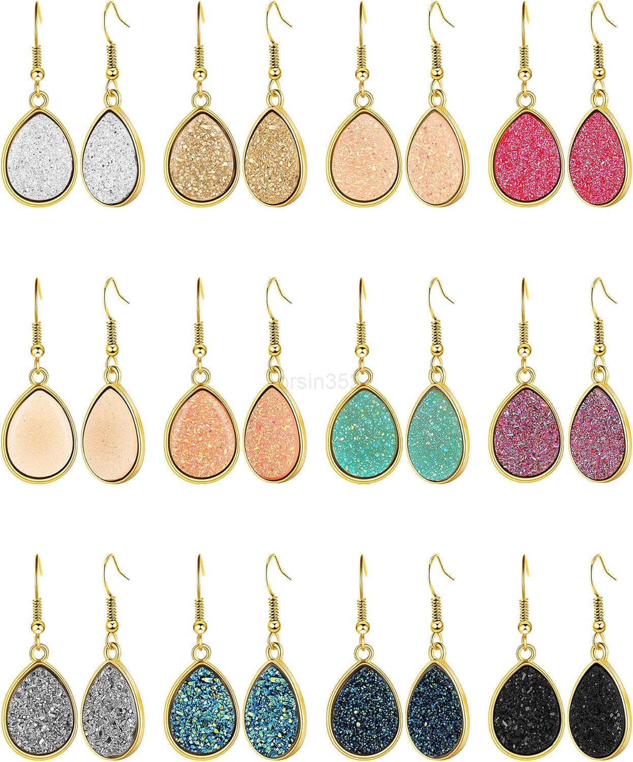 12 Pairs Faux Druzy Drop Earrings Crystal Pendant Dangle Multicolor Stainless Steel Earrings for WomenW250911