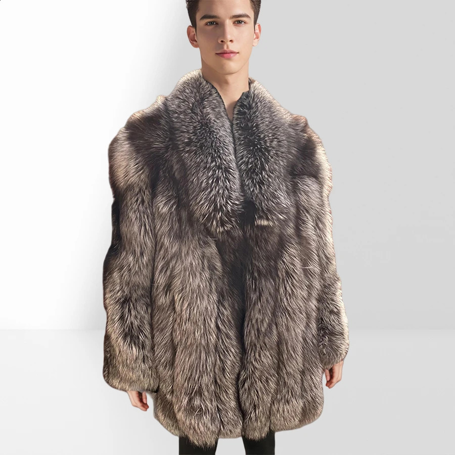 Natural Silver Fox Fur Jacket For Men Top Furry Jackets Coat Real Fur Coat With Collar Fashion Clothing Genuine Fur Outwear 250910