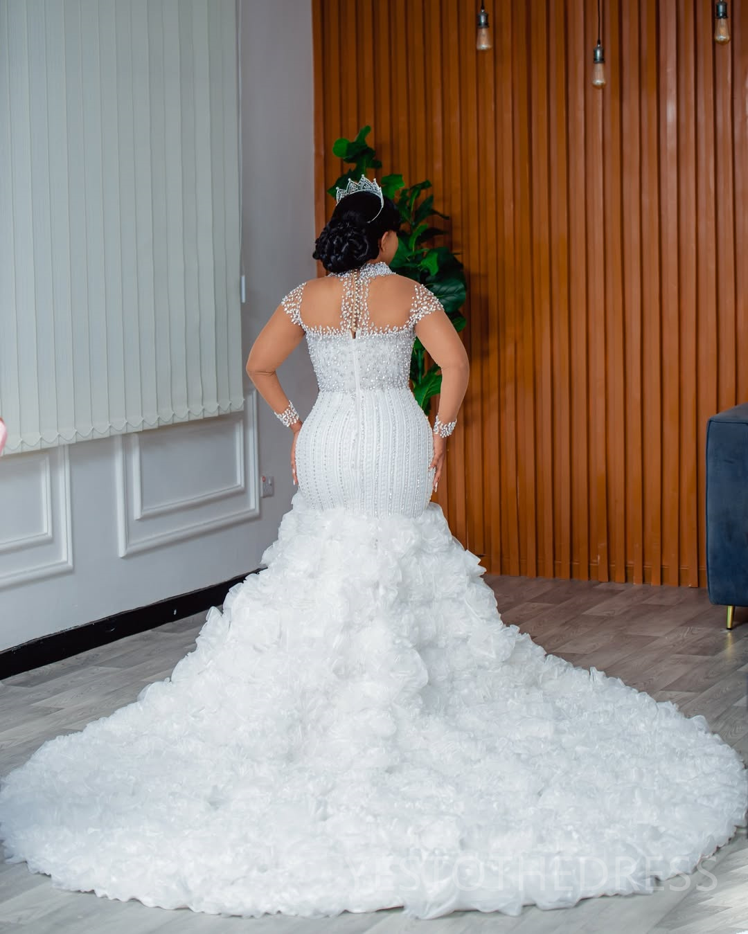 2025 Plus Size Aso Ebi Wedding Dress Bridal Gowns For Bride Mermaid High Neck Illusion Beaded Lace Pearls Ruffles Tiers Rhinestones Wedding Gowns For 