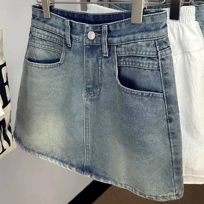 Summer New Womens Vintage Denim Skirts Korean Fashion High-Waisted Slim Mini Woman Elegant All-Match A- Line Bodycon Skirt dongdumaoyi
