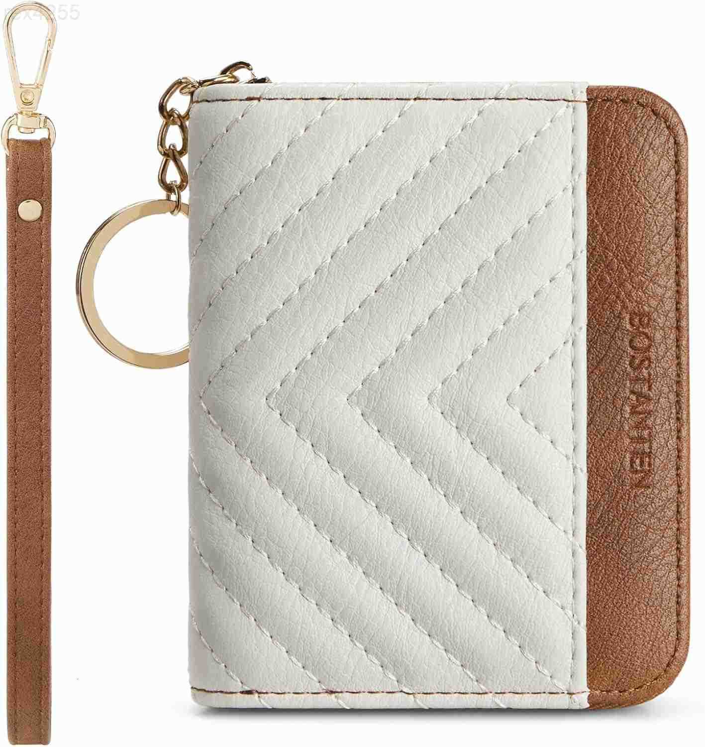 Credit Card Holder Wallet RFID Blocking Leather Small Wallet for Women Zipper Keychain Wallet with Wristlet BeigeBrownW250911