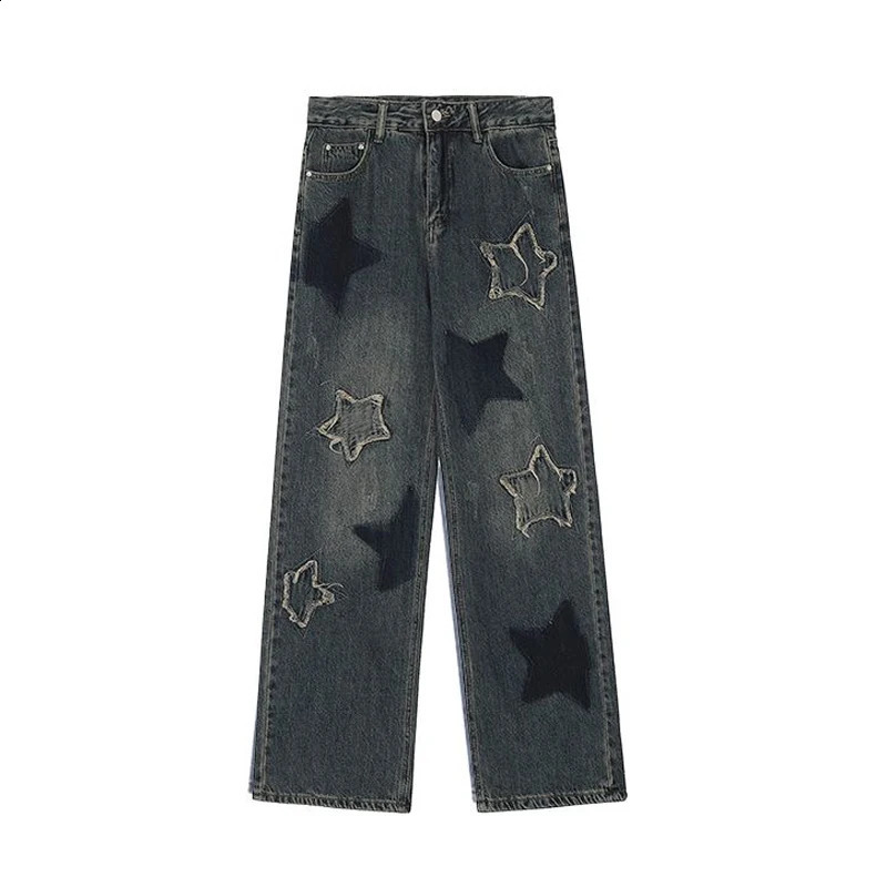 AIJUNER High Waisted Jeans Y2K Fashion Women Star Printed Blue Straight Leg Denim Pants Trousers Mom Jean Baggy 250911