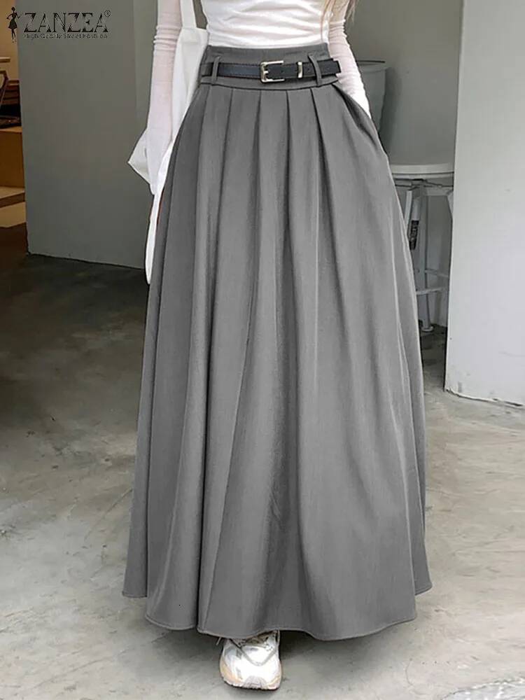 ZANZEA Women High Waist Jupe 2025 Autumn Vintage Office Falda Korean Fashion Pleating Swing Holiday Loose Solid Maxi Skirt dongdumaoyi