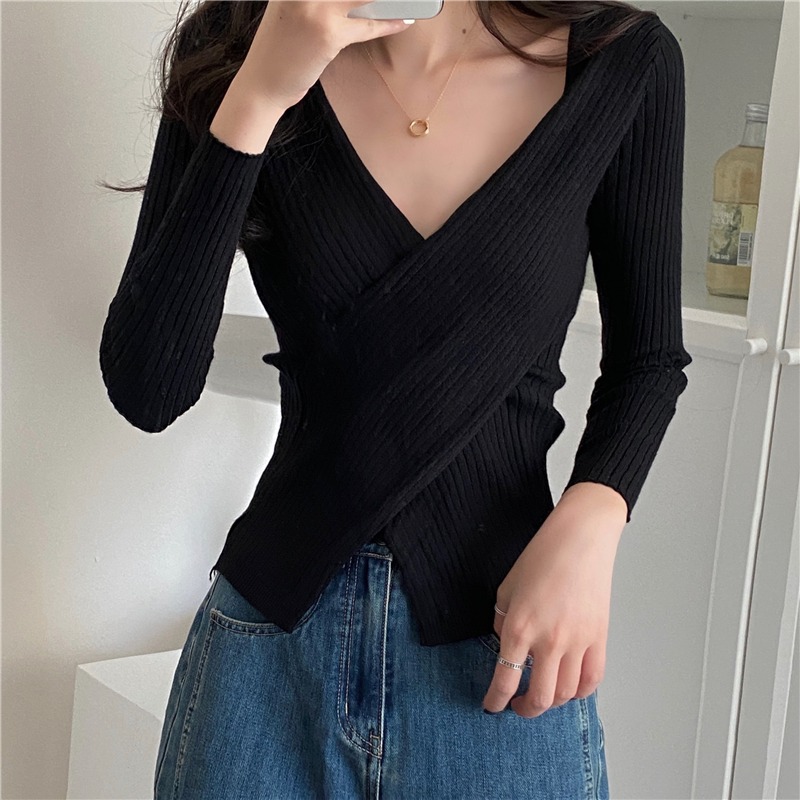 Winter Knitwear Tops Fashion Female Long Sleeve Skinny Elastic Casual V-neck Knitted Shirts Women Pullover Sweaters