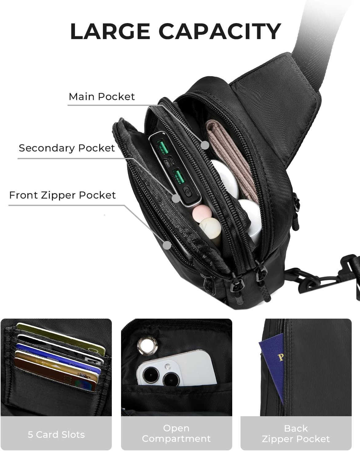 Small Crossbody Bags for Women and Men Sling Backpack Travel Bag Nylon BlackW250911