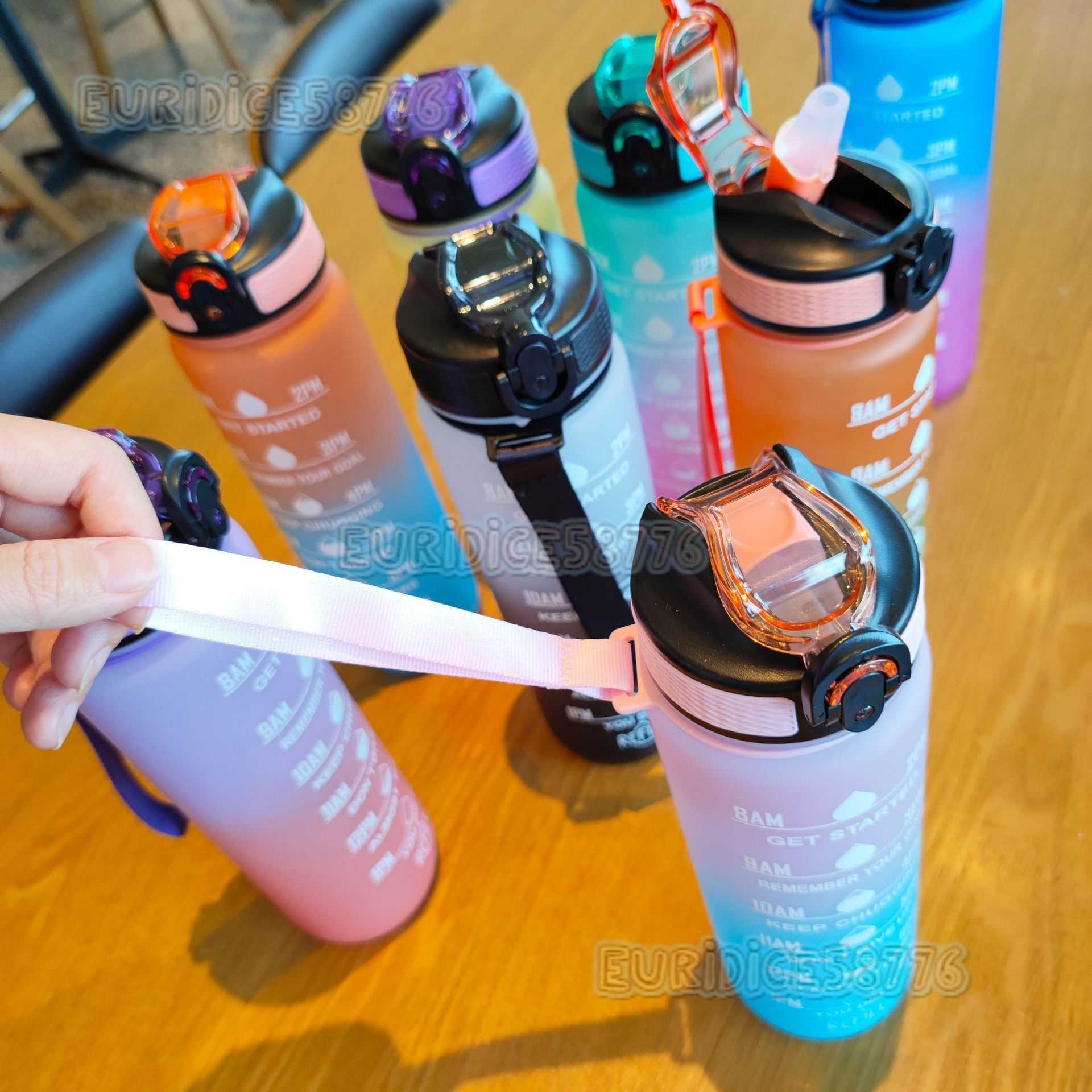 New Gradient Style Portable Strap Duckbill Straw Water Cup Adult Plastic Water Cup Solid Color 1000ml H250911
