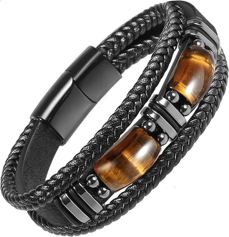 Tiger Eye Black Leather Bracelet Men Natural Gemstone Crystal Stone Jewelry Handmade Courage Stress Relief Protection Bracelet 250911