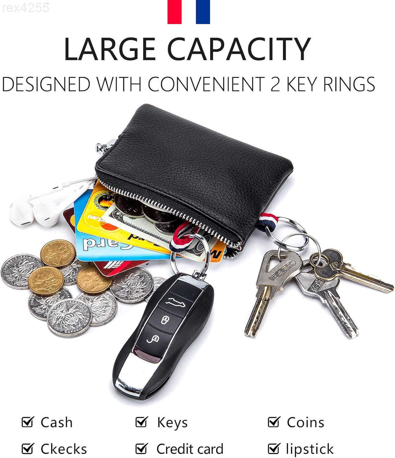 Leather Coin Purse Wallet Mini Dual Keyrings Change Pouch Card Holder for Men Women Black standardW250911