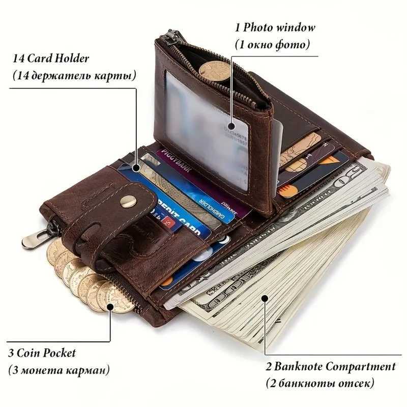 Short Genuine Leather Wallet Head Cowhide Card Case Trifold US Money Clip rfid Multicolour W250911