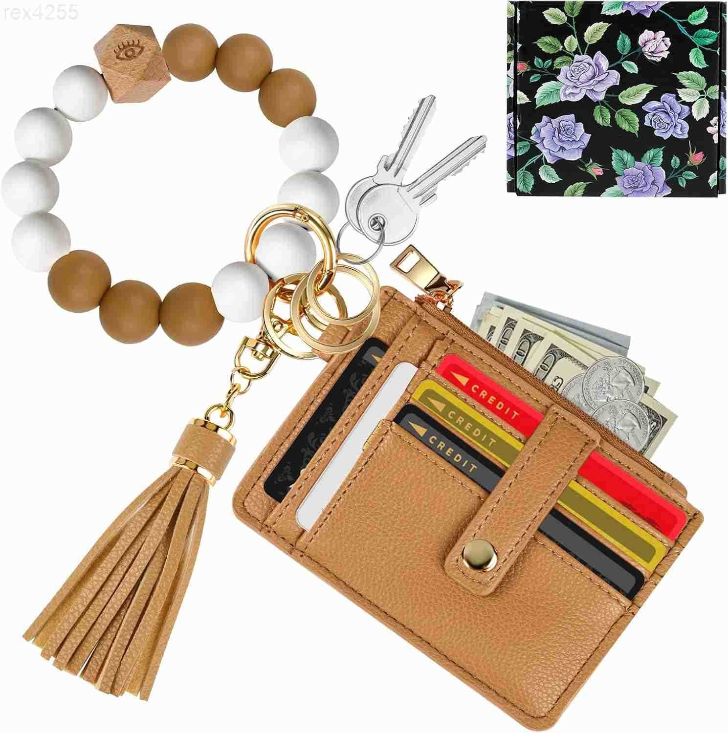 Wristlet Bracelet Keychain Wallet for Women 9 Slots Credit Card Holder Tassel Purse Silicone Key Ring with Gift BoxW250911