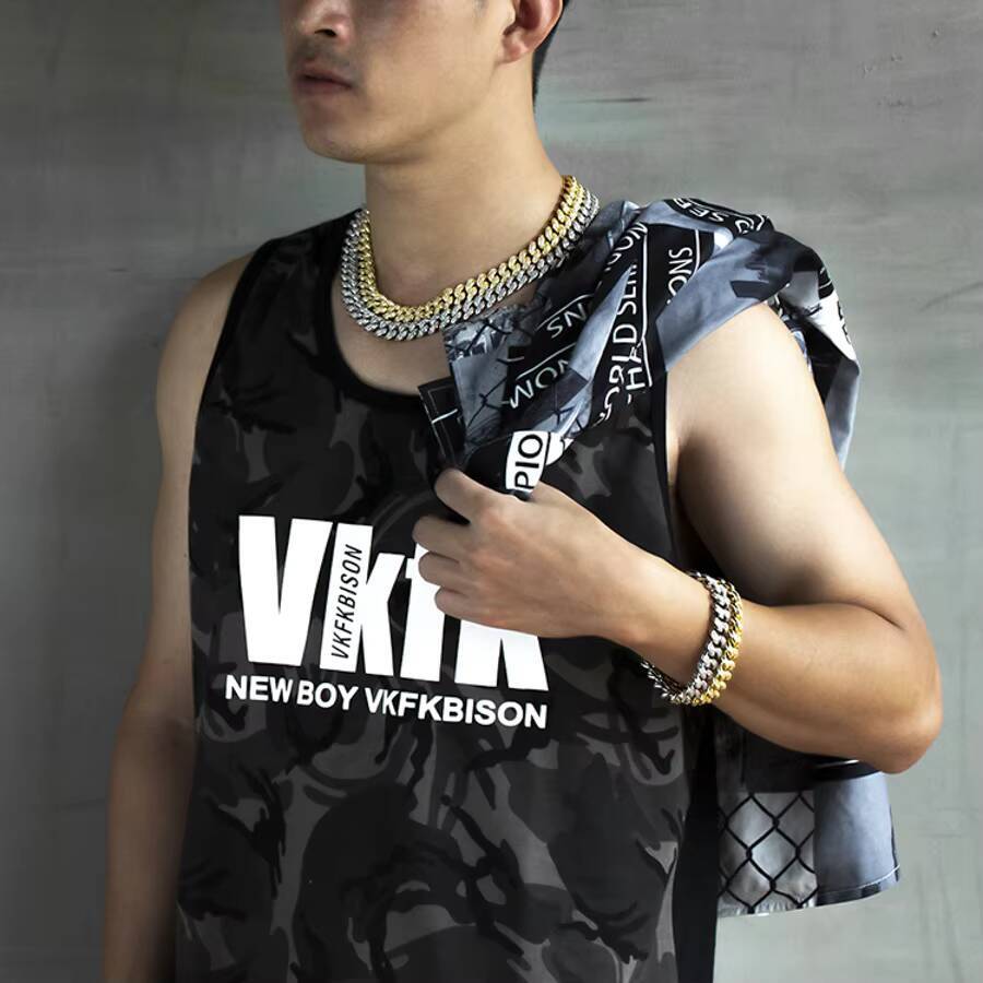 KRKC Wholesale 12mm 14K Gold Plated Hip Hop Jewelry 5A 2 Rows Iced Out CZ Diamond Cuban Link Chain Necklace