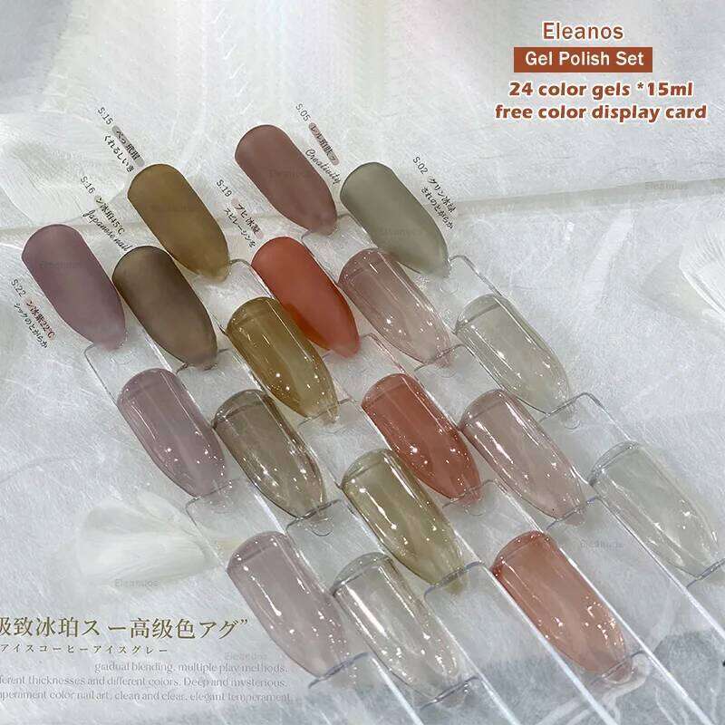 Eleanuos Jelly Amber 24Pcs Phototherapy Varnish Translucent Durable Mix Soak UV LED Brown Winter Nail Gel Art Salon Kit 15Ml