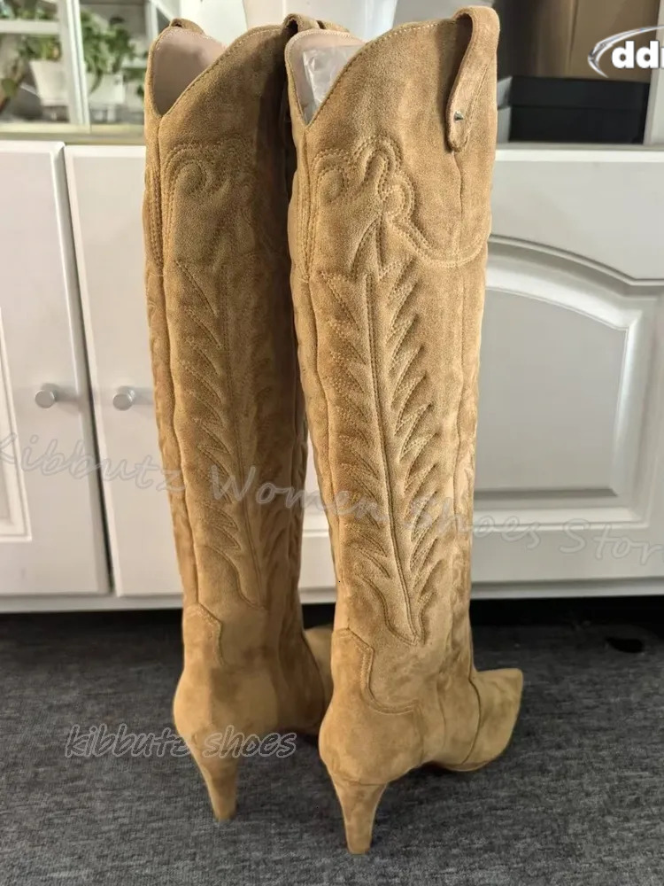 Totem Cowboy Knee High Boots Vintage Concise Elegant Fashion Slip-On Pointed Toe Thin Heels Women Shoes New Solid Color TUES