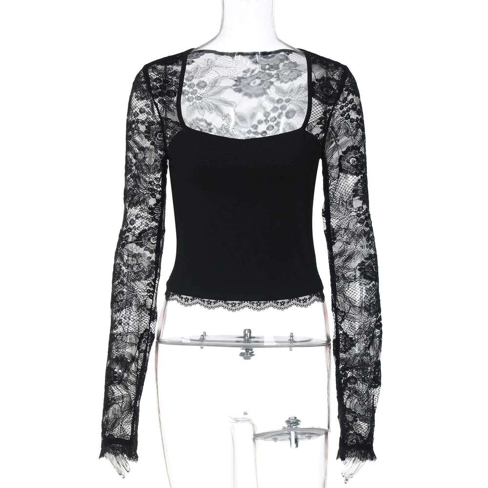 Hugcitar Women Fashion Square Collar Patchwork Lace Floral Print Long Sleeve Sexy Crop T-Shirt Sheer Summer Clothes Party Club