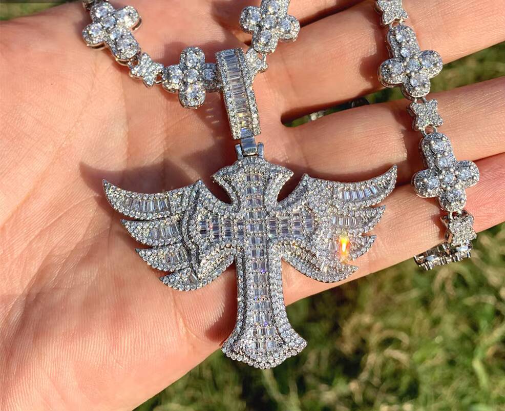Hip Hop Lced Out CZ Zircon Cross Pendant Necklace Shiny Cross Tennis Link Chains Necklace for Men Jewelry