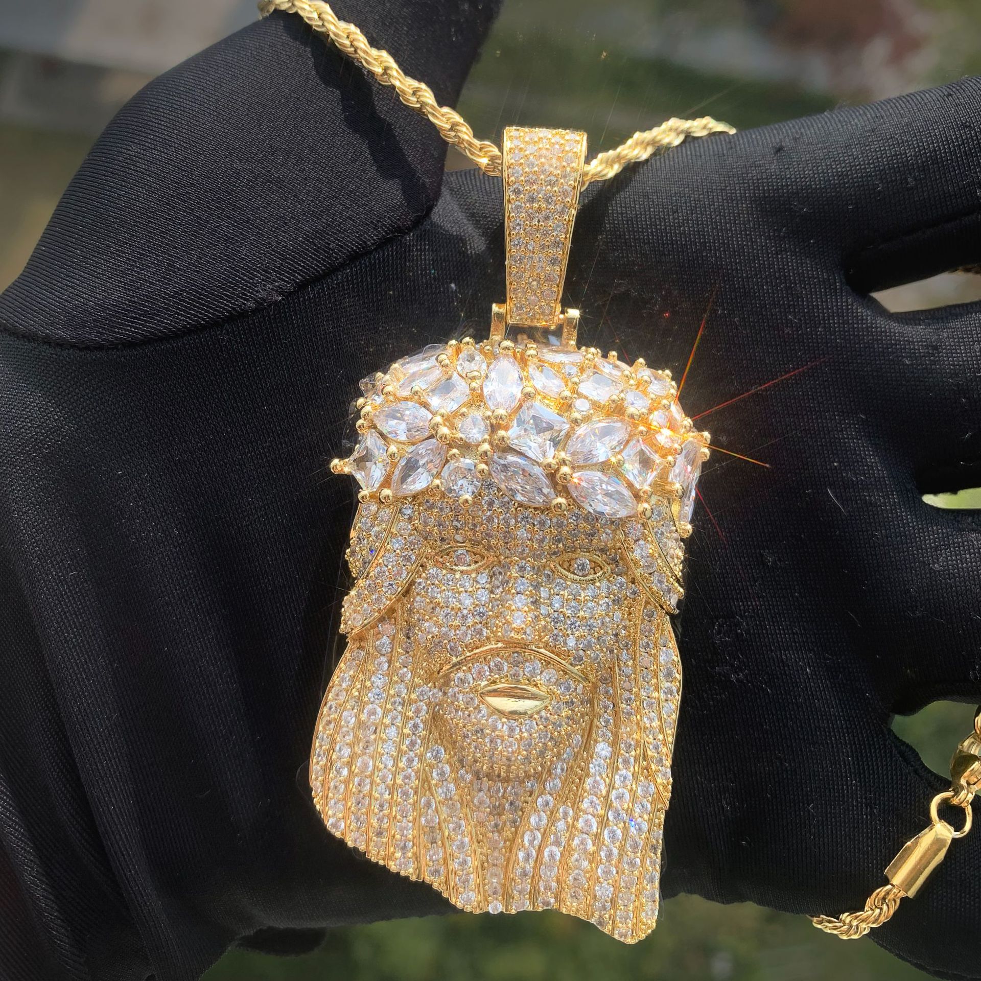 Vintage Hip Hop Jesus Pendant Necklace 5A Zircon Real Gold Plated Religious Jewelry