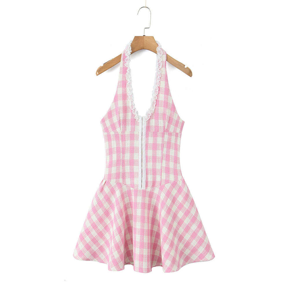 DHEssentials 2025 INS Spring New American Style Sweet Little Fragrance V-Neck Halter Slim Waist Dress