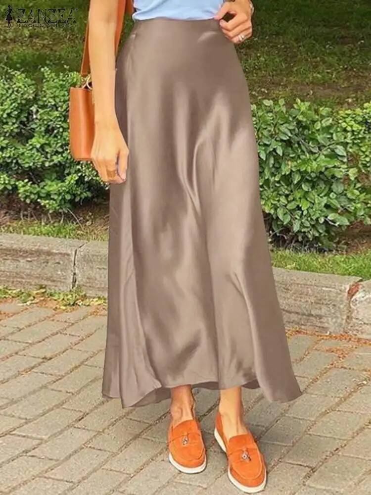 ZANZEA Fashion Satin Silk Skirts Women Summer Long High Waist Skirt Casual Solid Party Faldas Saia Female Vintage Work OL Jupe dongdumaoyi
