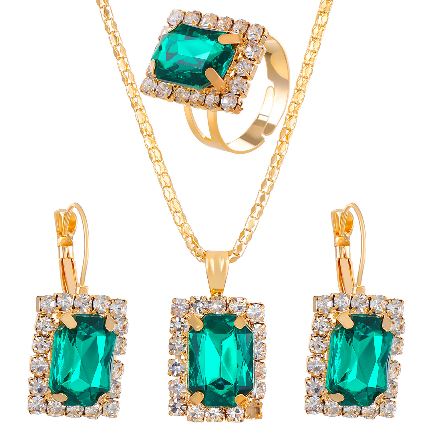 New -Encrusted Square Jewelry Ins Palace Style Bridal Necklace Earrings Ring Set