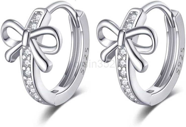 Solid 925 Sterling Silver CZ Bow Hoop Earrings Ribbon for Women Teen Girls Bowknot Hoop Earrings HuggieW250911