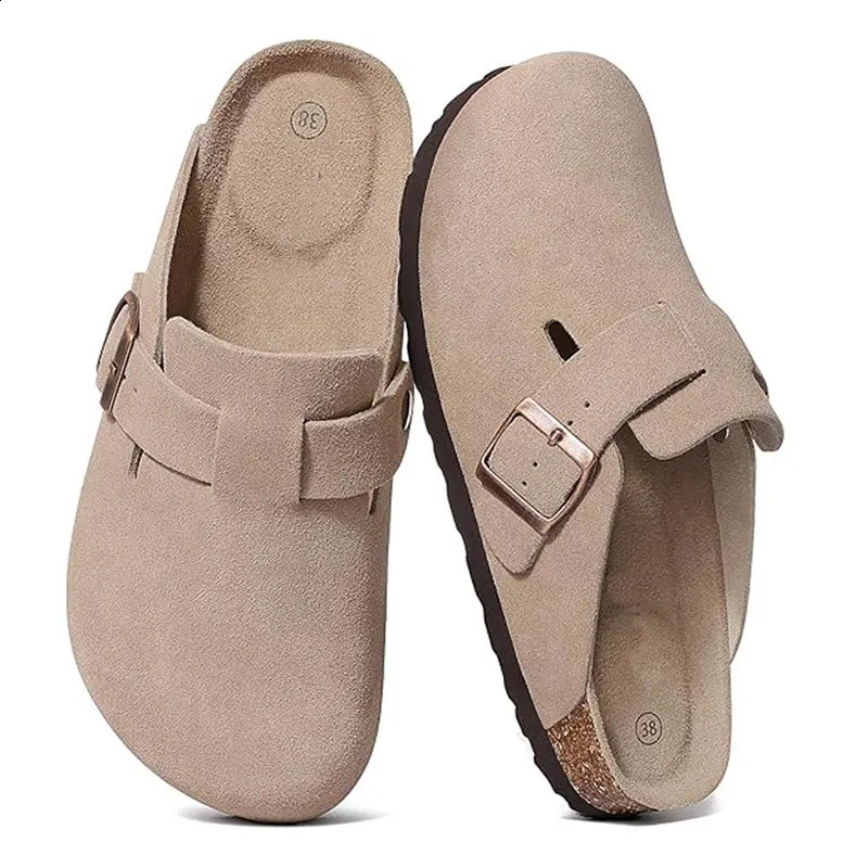 compaik Fashion Clogs Slippers For Women Classic Suede Men Mules Cork Footbed Leather Potato Shoes With Arch Support Beach Slide 800907