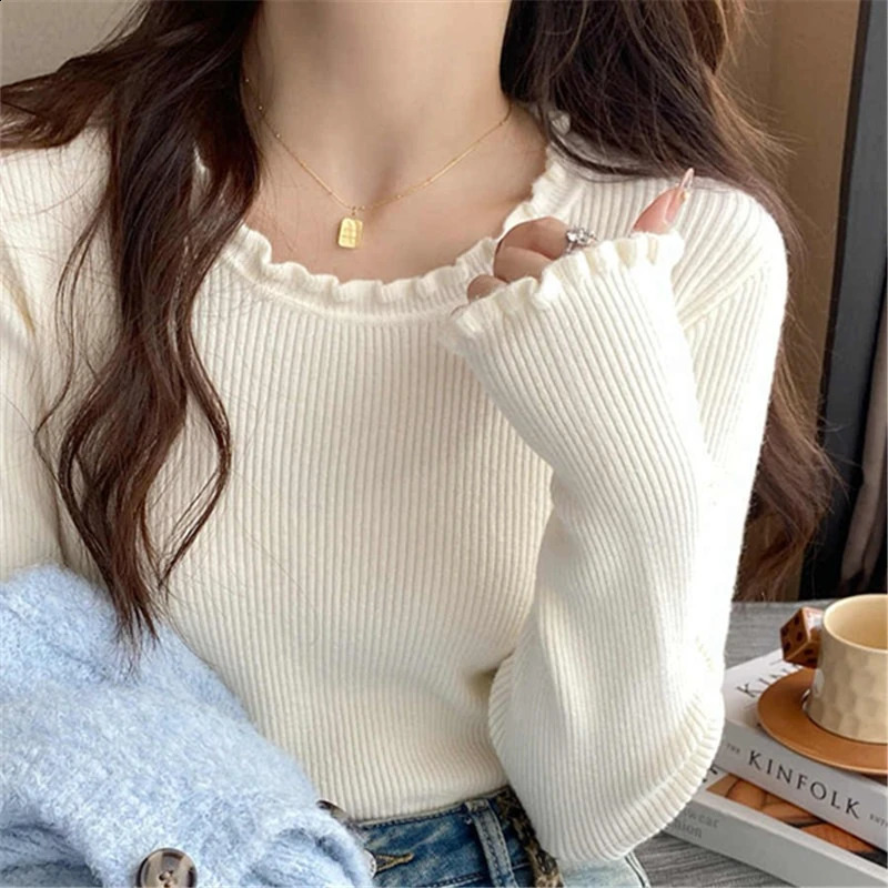 Fashion Solid Ladies Casual Soft Pullovers Autumn Winter Women Sweater Knitted Ruffles Oneck Long Sleeve Slim Jumper 250911