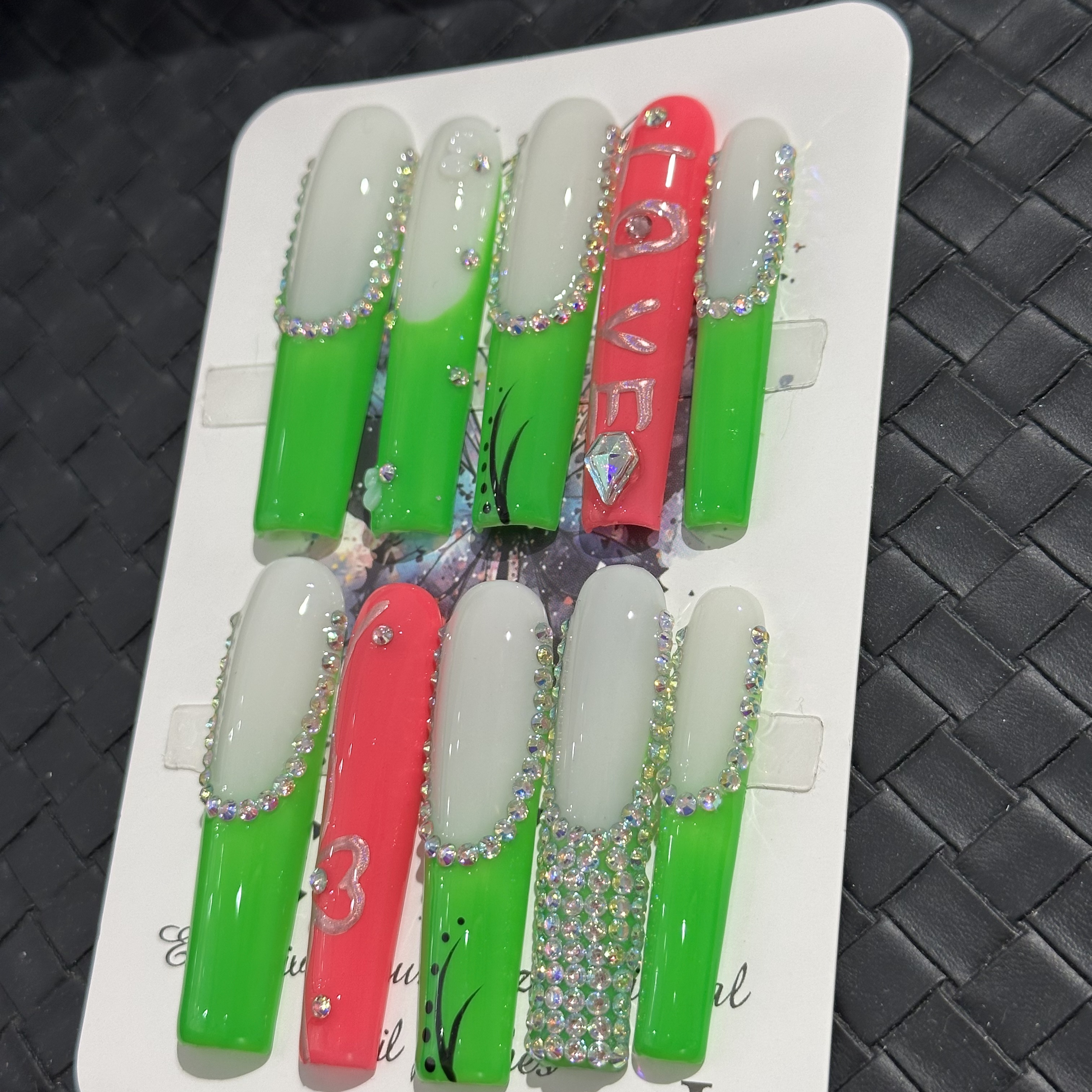 Fake nails, green pink French diamonds, hand drawn, trendy and fashionable, European and American ins style, extra long, handmade