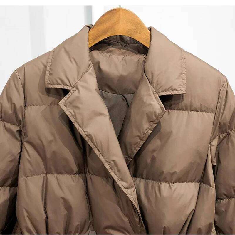 Lagabogy New Winter Women White Duck Down Coat Female Notched Collar Double Breasted Coats Casual Lady Drawstring Puffer Outwear
