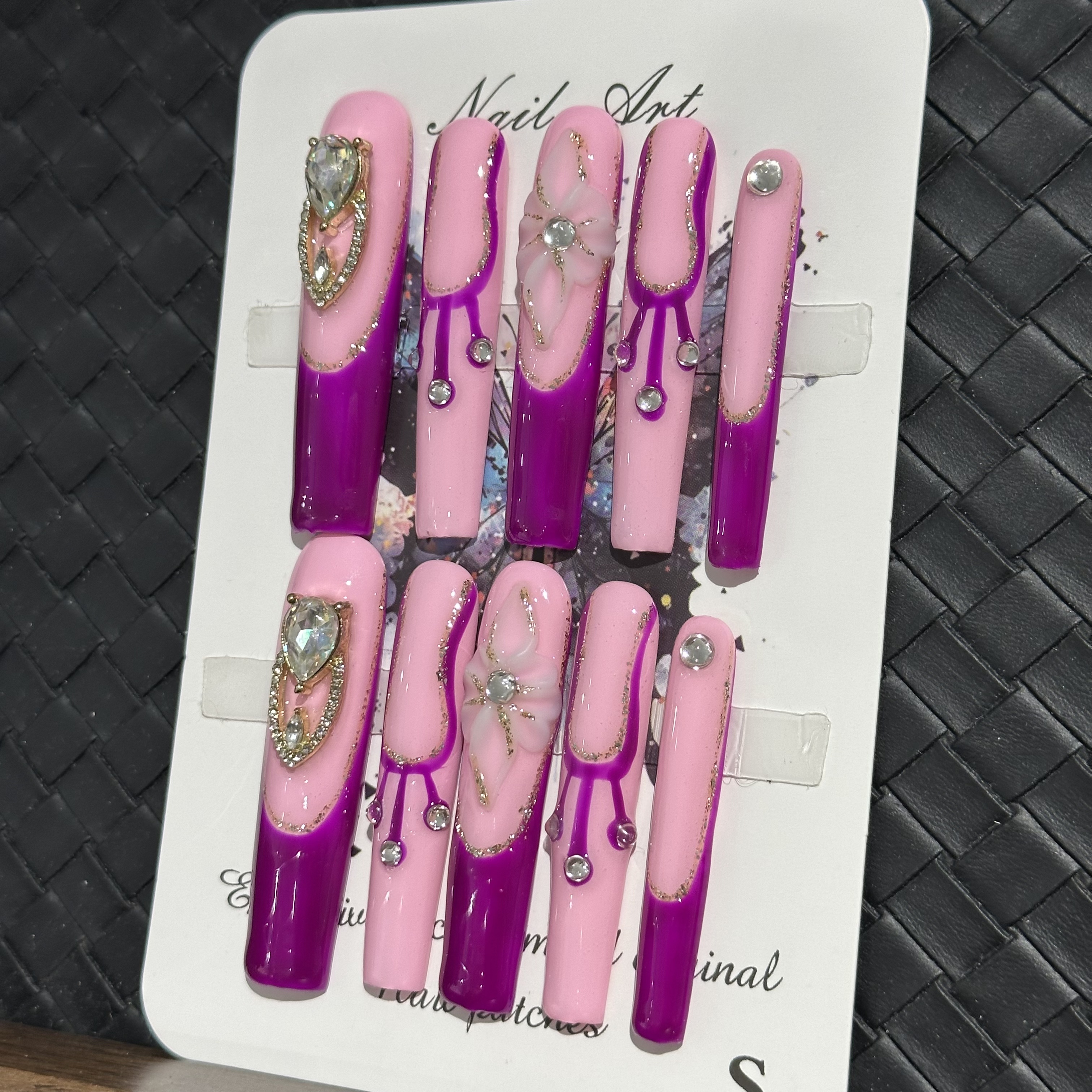 Fake nails, purple pink French diamonds, hand drawn, trendy and fashionable, European and American ins style, extra long, handmade